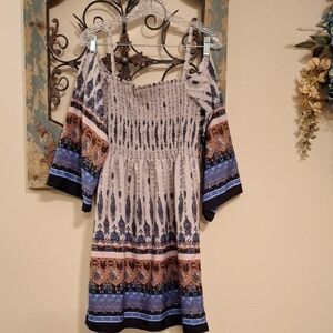 True Destiny Smocked Off-Shoulder Mini Dress Blue/Brown. Size M
